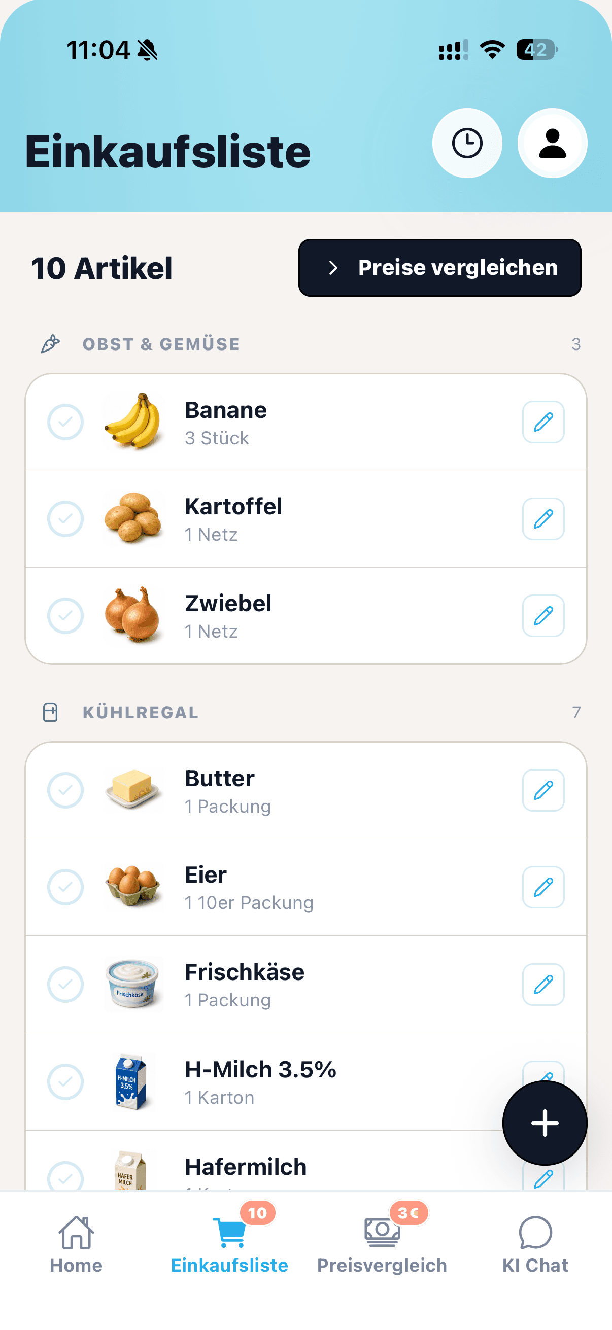 Gemeinsame Einkaufsliste in der cocoduro App mit Lebensmitteln und Mengen