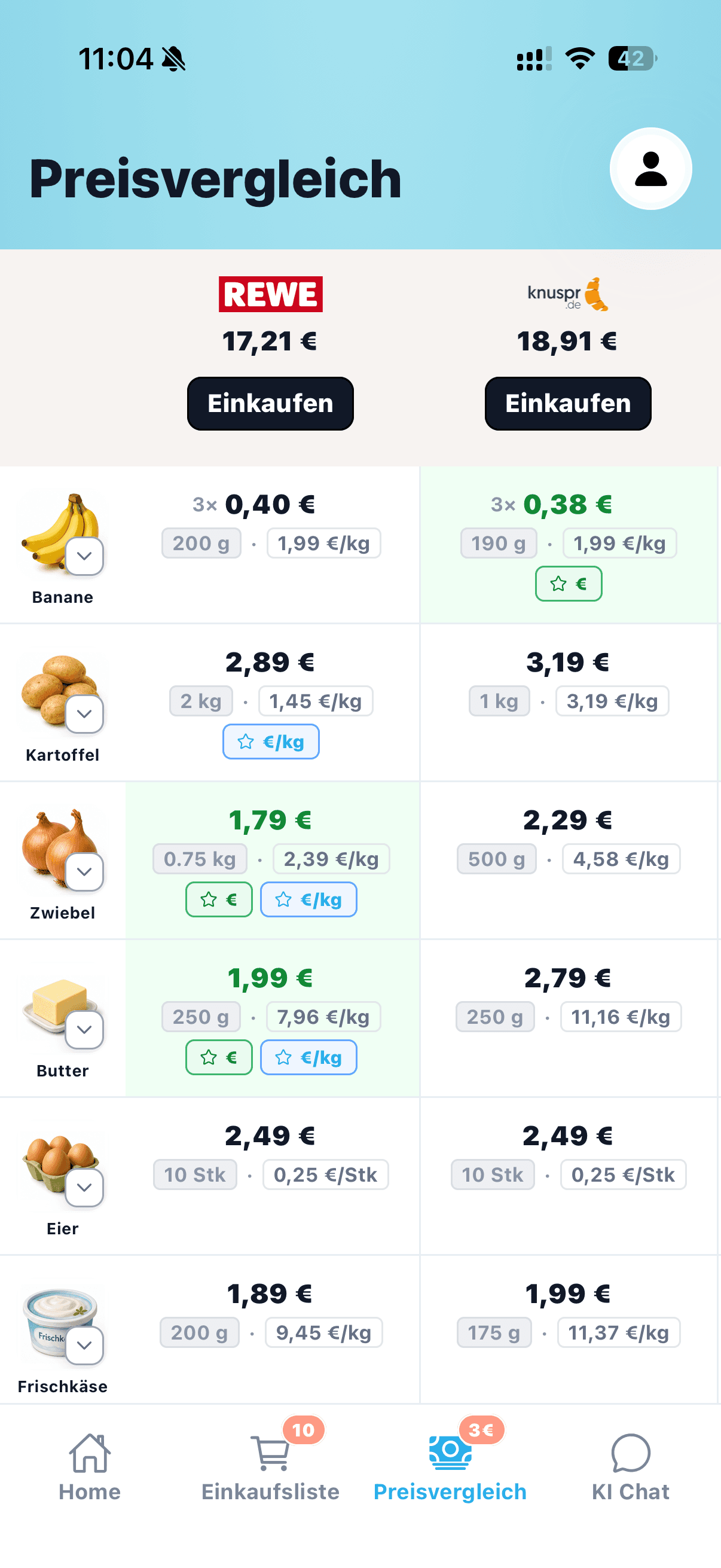 Lebensmittel-Preisvergleich in der cocoduro App für den gesamten Warenkorb bei REWE und Knuspr