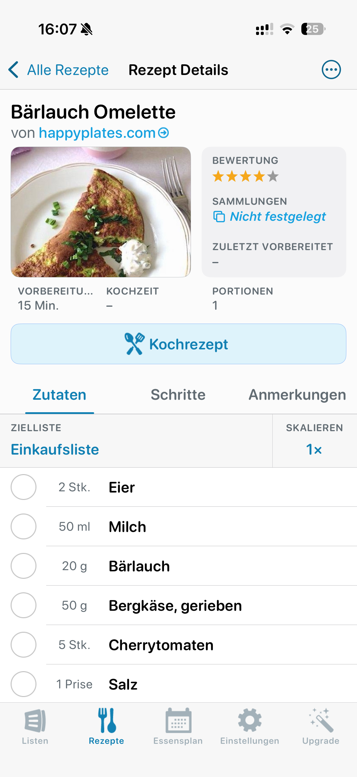 AnyList Rezeptdetailansicht mit Zutaten, Mengen und Zielliste für den Einkauf