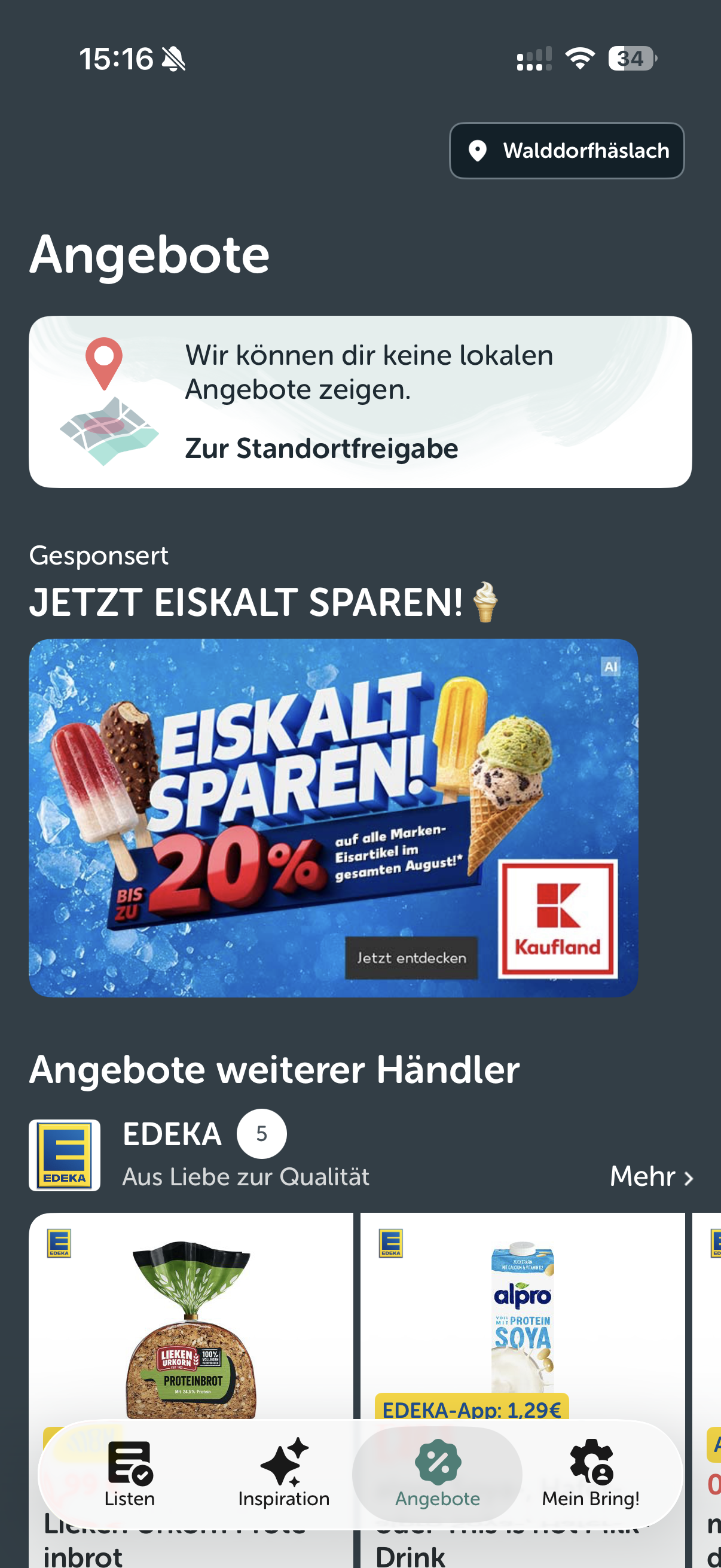 Bring Angebotsübersicht mit Standortfreigabe, gesponsertem Inhalt und Angeboten verschiedener Händler