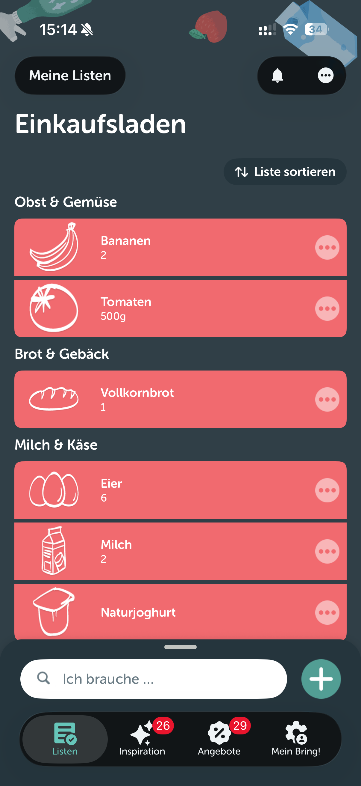 Bring Einkaufsliste im dunklen Design mit Kategorien, stilisierten Lebensmittelzeichnungen und Mengenangaben