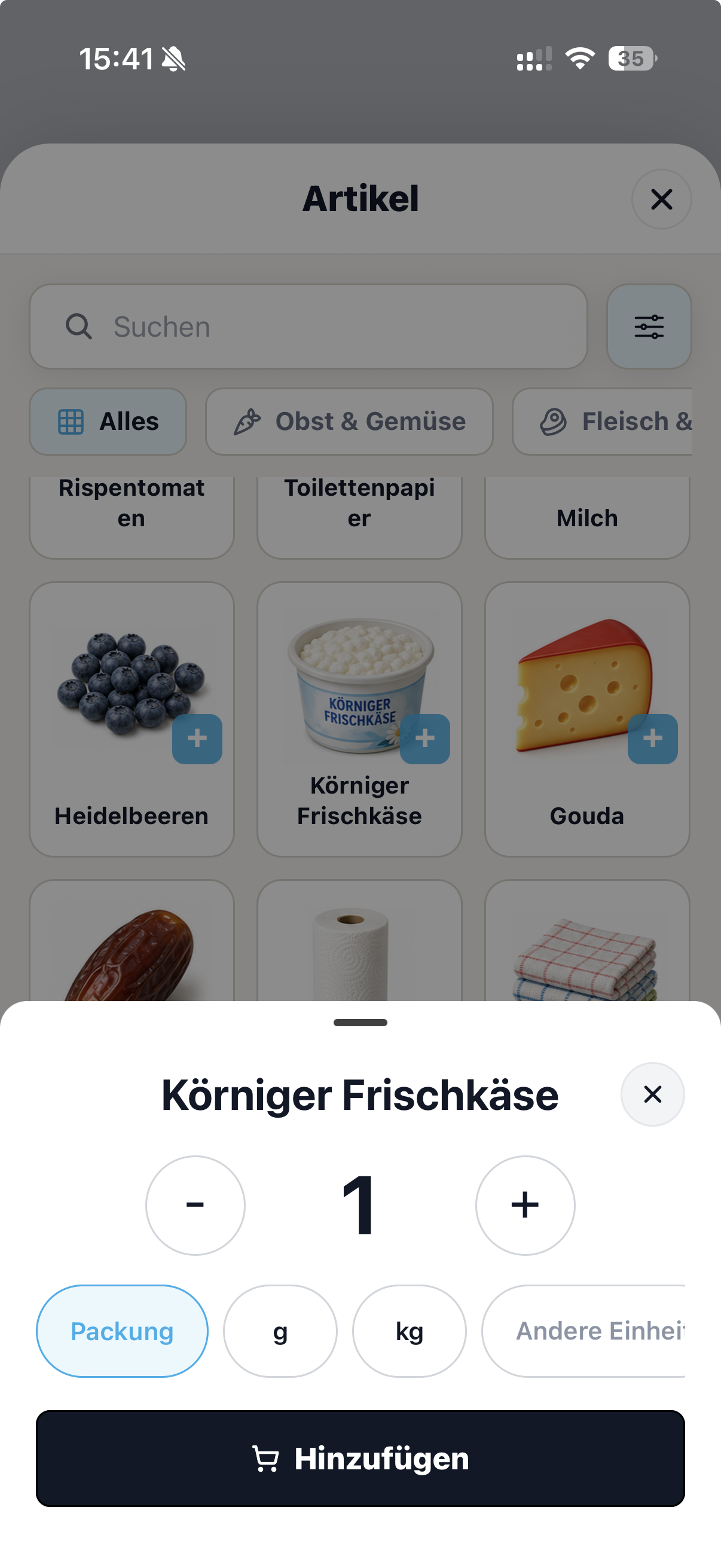 Auswahl von Menge und Einheit für einen Artikel in cocoduro