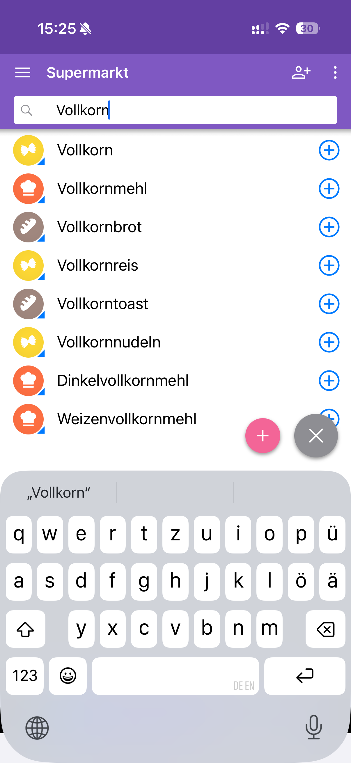 Die Einkaufsliste mit textbasierten Suchvorschlägen und farbigen Kategorie-Icons