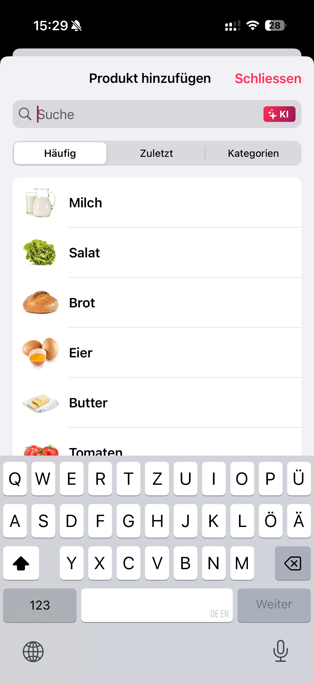 WeNeed Produktsuche mit Lebensmittelbildern, häufig verwendeten Artikeln, Kategorien und KI-Schaltfläche